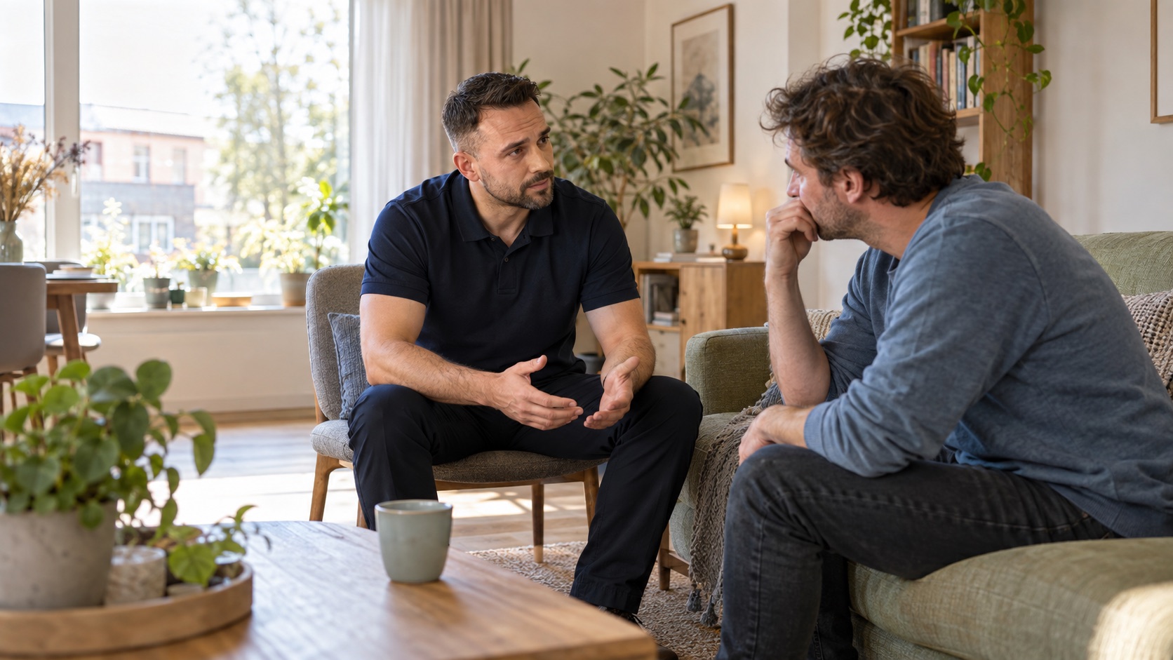 Illustratieve interventiemedewerker in een rustig gesprek met een bewoner aan huis
